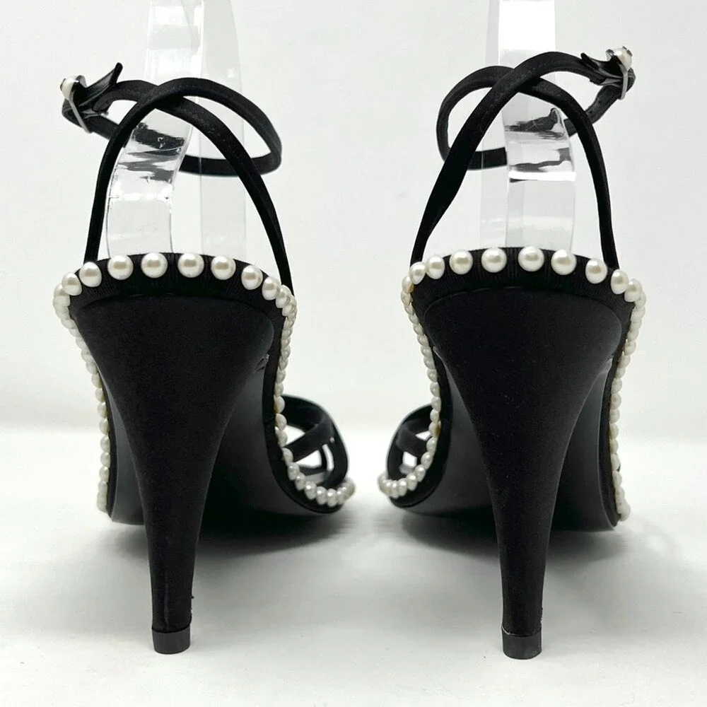 Chanel 2004 Vintage Heels‎ Black Satin Pearl 38.5 Y2K Karl Lagerfeld - Picture 5 of 10